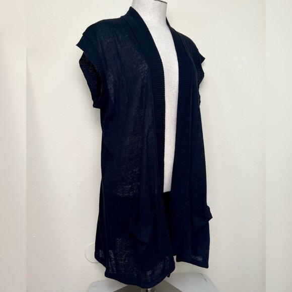 LUCKY BRAND Black LIghtweight Open Front Short Sleeve Cardigan Sweater Size Med - Picture 3 of 6